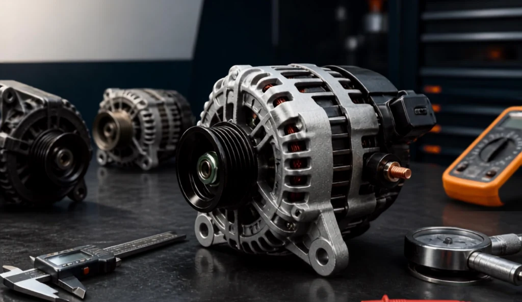 Alternator identification guide showing pulley, mounting points, electrical connections and test equipment