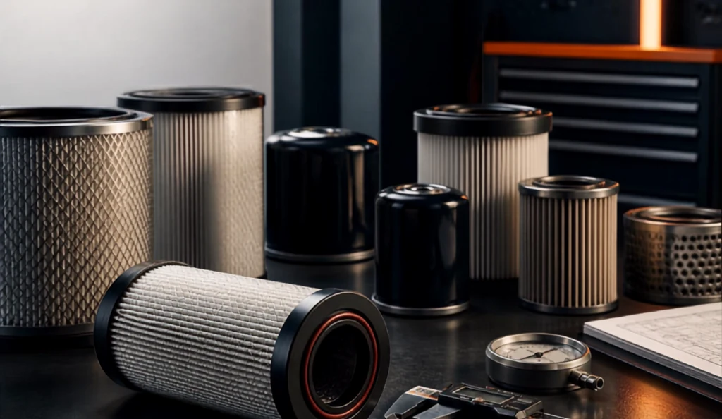 Filter cross-reference guide showing heavy-duty air, oil and fuel filters with measuring tools