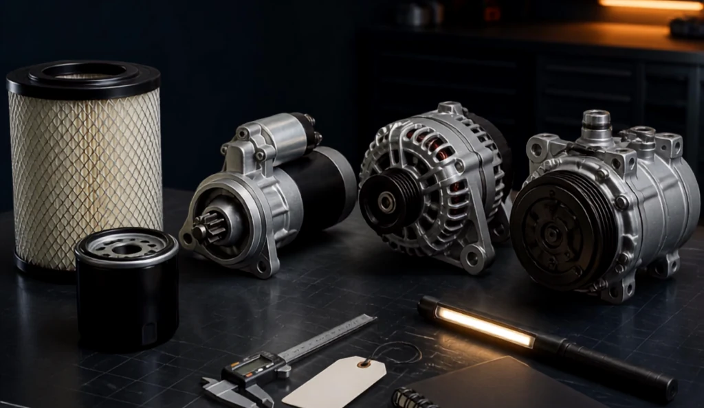 Industrial parts identification guide showing filters, starter motor, alternator and air-conditioning compressor